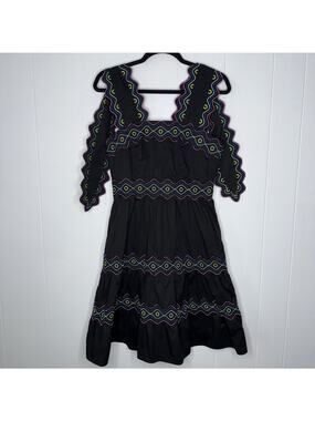 Celia B Women’s Umi Mini Dress Black Scallop Trim Multi Color Piping Size Small